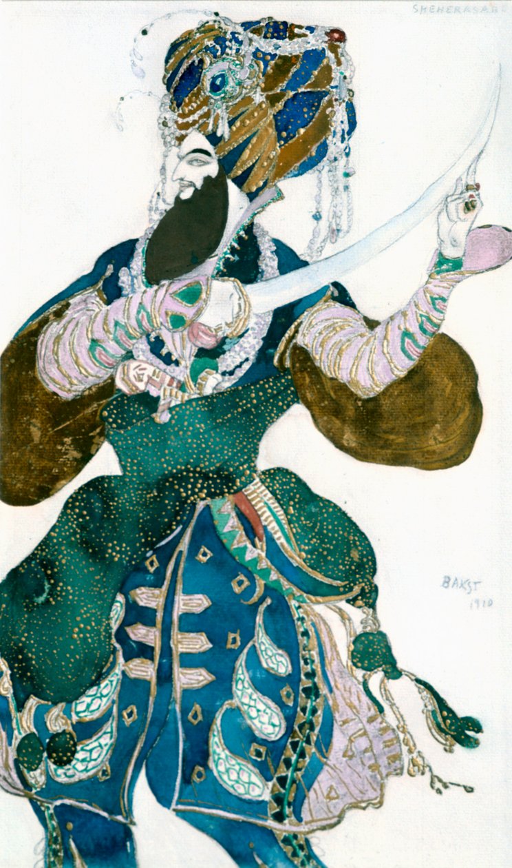 De Shah van Perzië, kostuumontwerp voor een Ballets Russes productie van Scheherazade, ca. 1913 door Leon Bakst