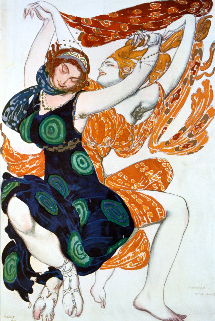 Twee Bacchanten, kostuumontwerp voor een Ballets Russes productie van Tcherepnins Narcisse, 1911 door Leon Bakst
