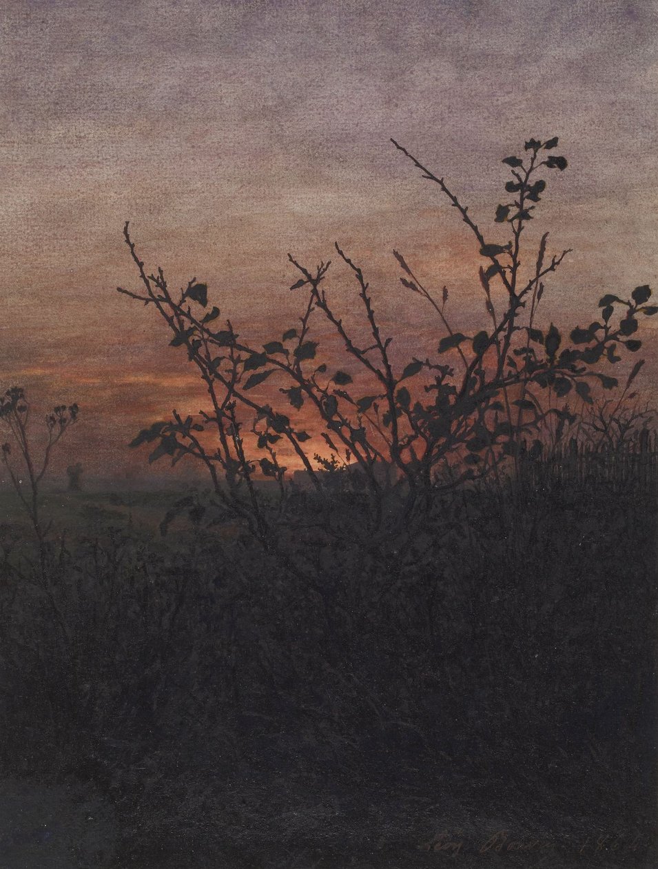 Sleedoorn (?) voor een landschap bij zonsondergang door Léon Bonvin