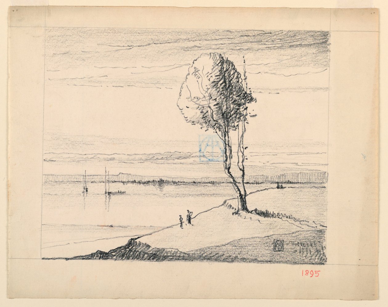 Heuvel en Boom met Zeilboten in de Verte door Leon Dabo