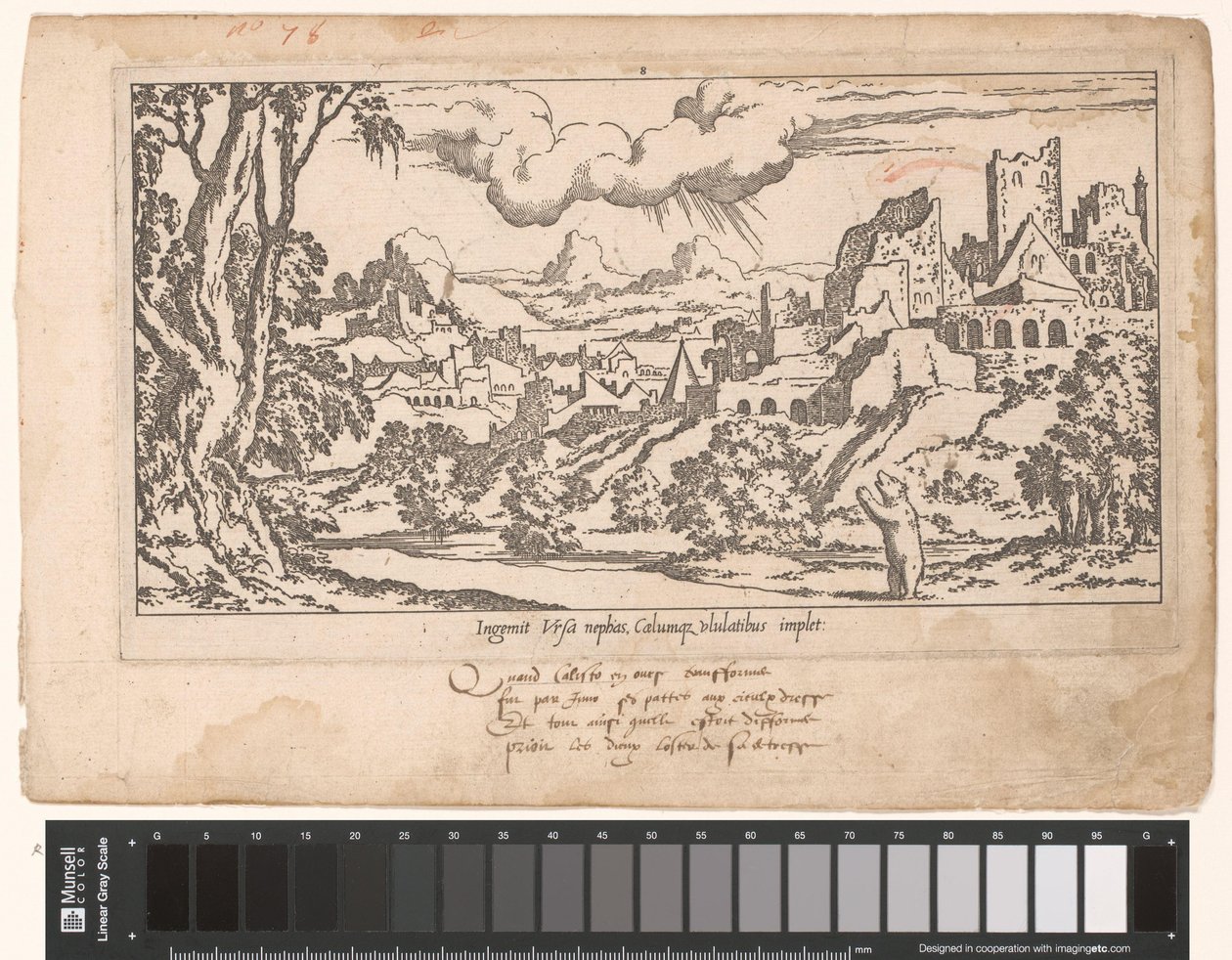Callisto als beer smeekt tot Jupiter in een landschap met ruïnes door Leon Davent