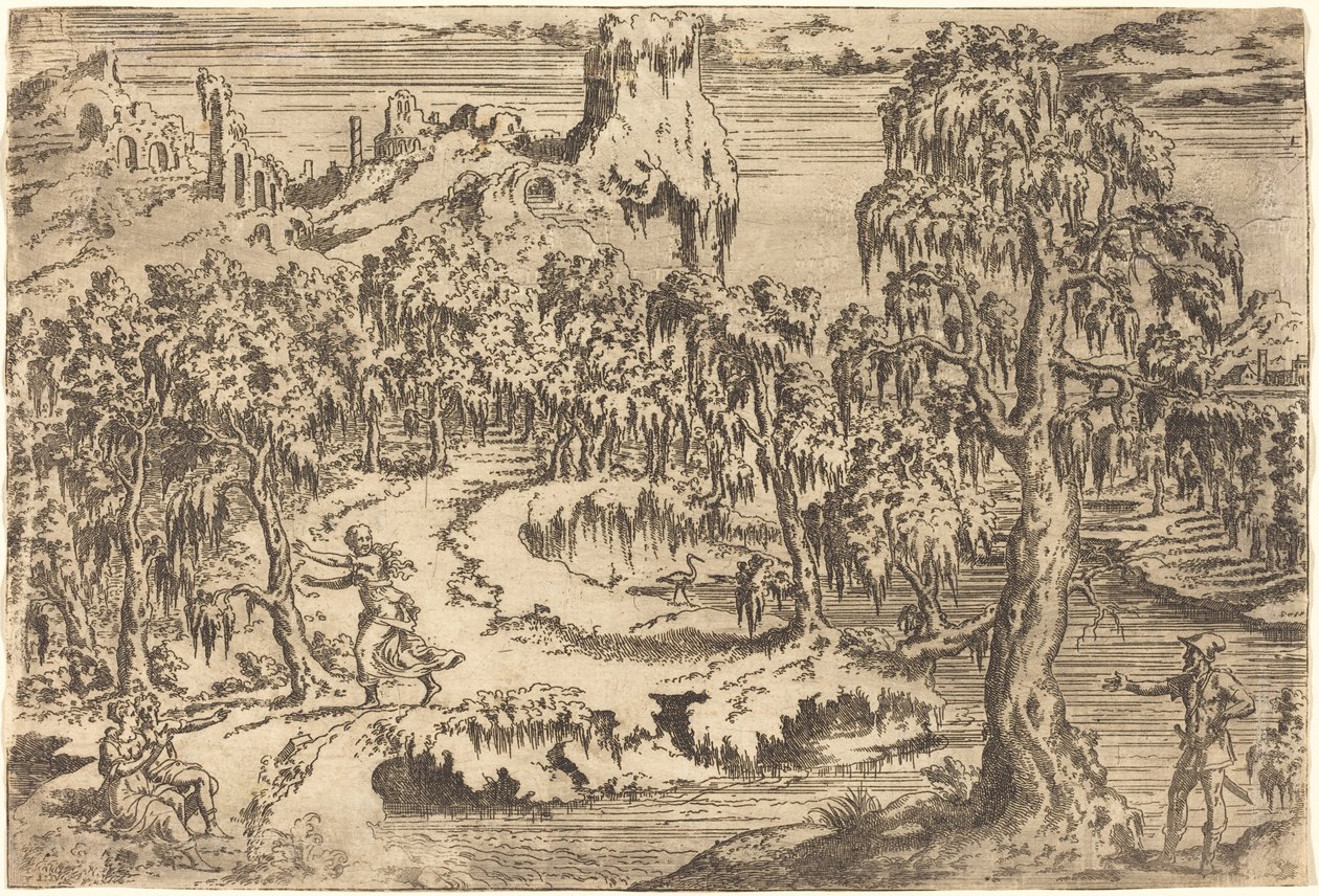 Landschap met een Vrouw die Vlucht bij het Zien van een Soldaat door Leon Davent