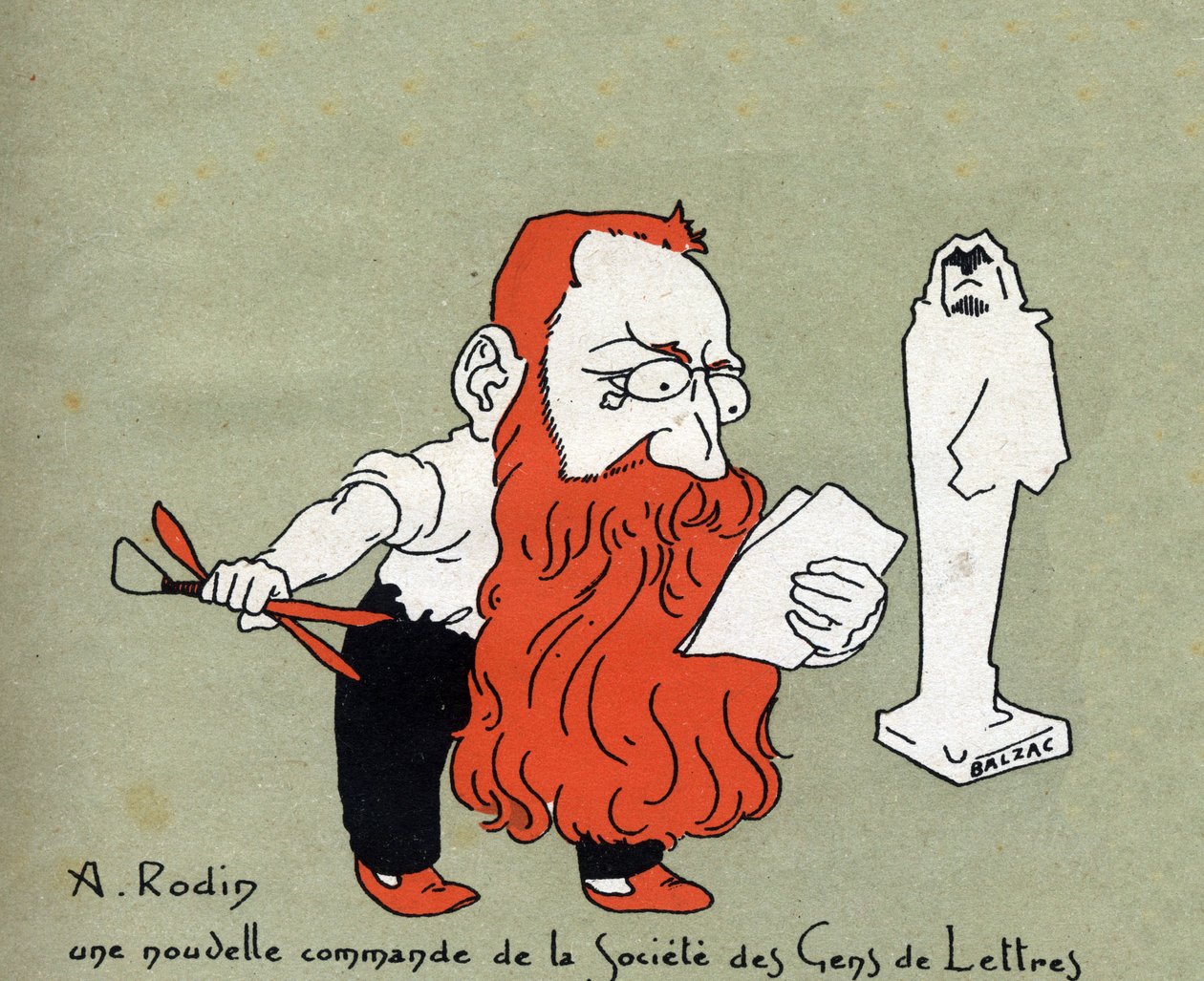 Cartoon door Auguste Rodin met een nieuwe opdracht van de Societe des gens de lettres (Beeldhouwwerk door Balzac) - Illustratie door Leon Lebegue - Gravure in 