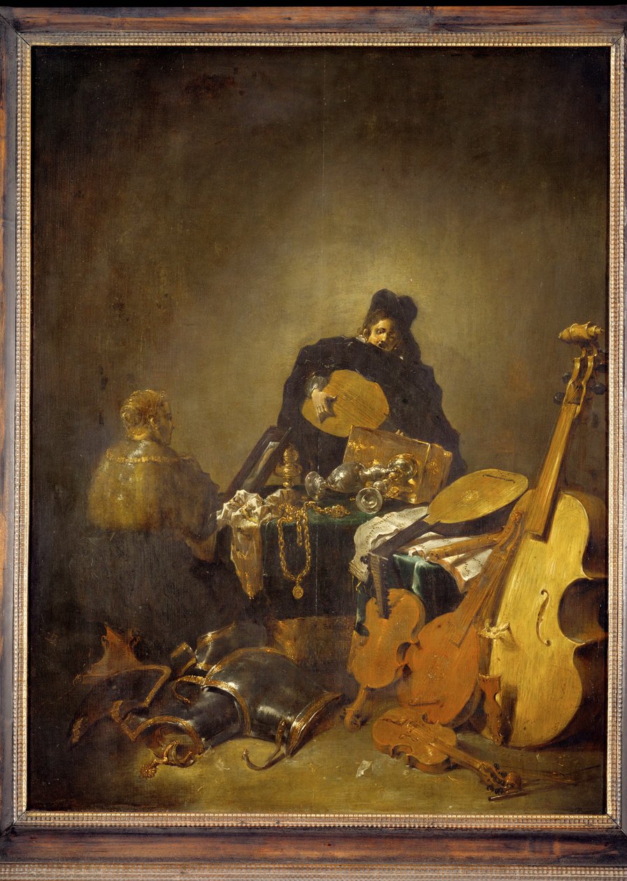 Vanitas (schilderij op eikenhout) door Leonaert Bramer