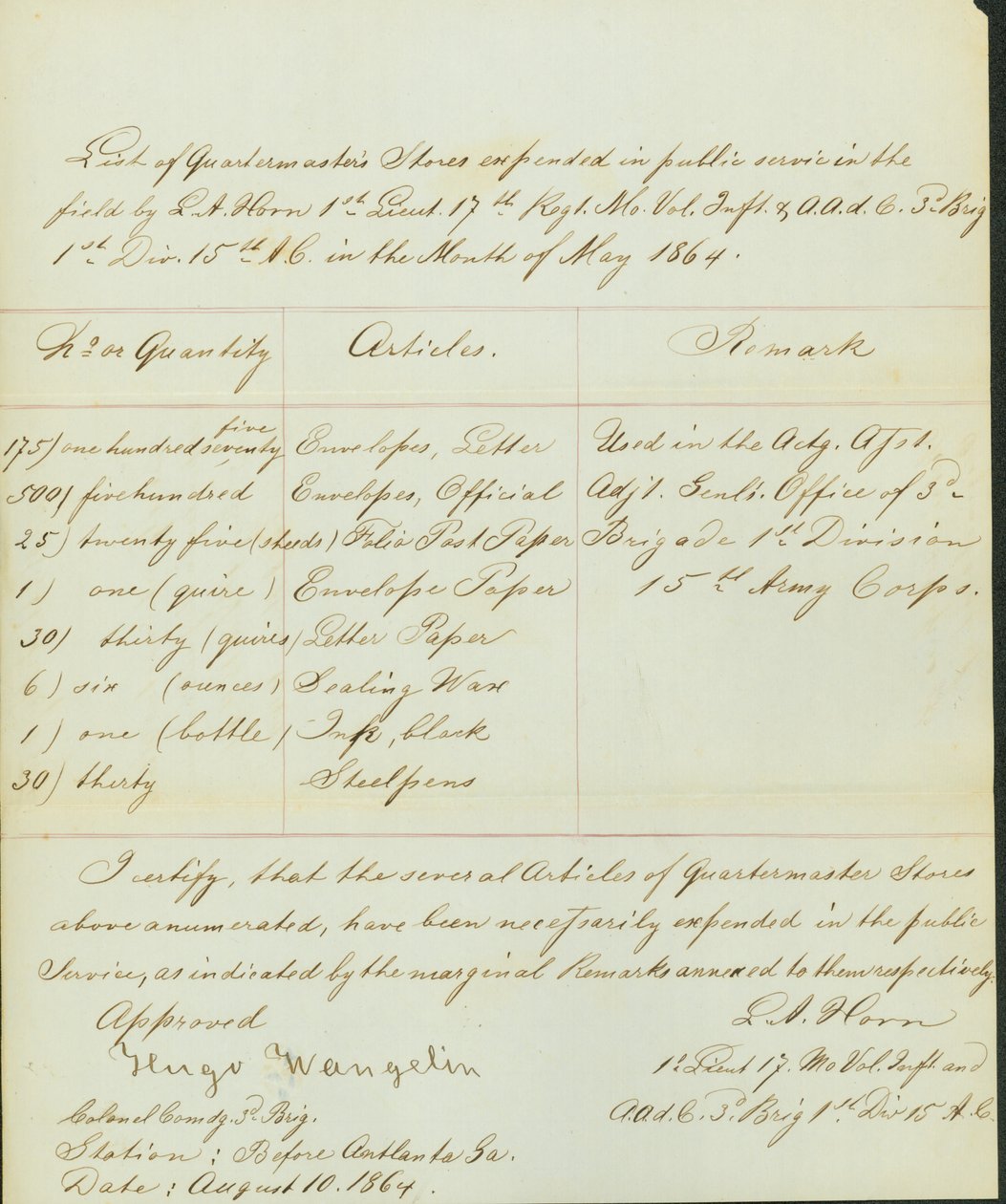 Lijst van items verbruikt in openbare dienst in het veld door L.A. Horn in de maand mei 1864 door Leonard A. Horn