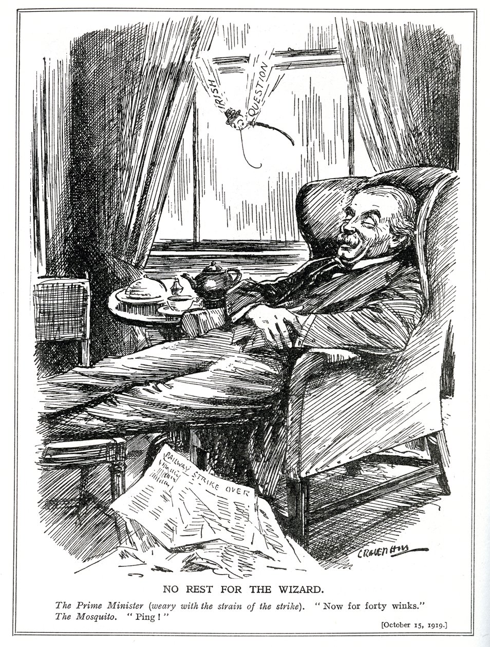 Lloyd George wordt verhinderd te rusten door de moeilijkheden veroorzaakt door industriële onrust in Groot-Brittannië en daarnaast de problemen van Ierland, oktober 1919 door Leonard Raven Hill