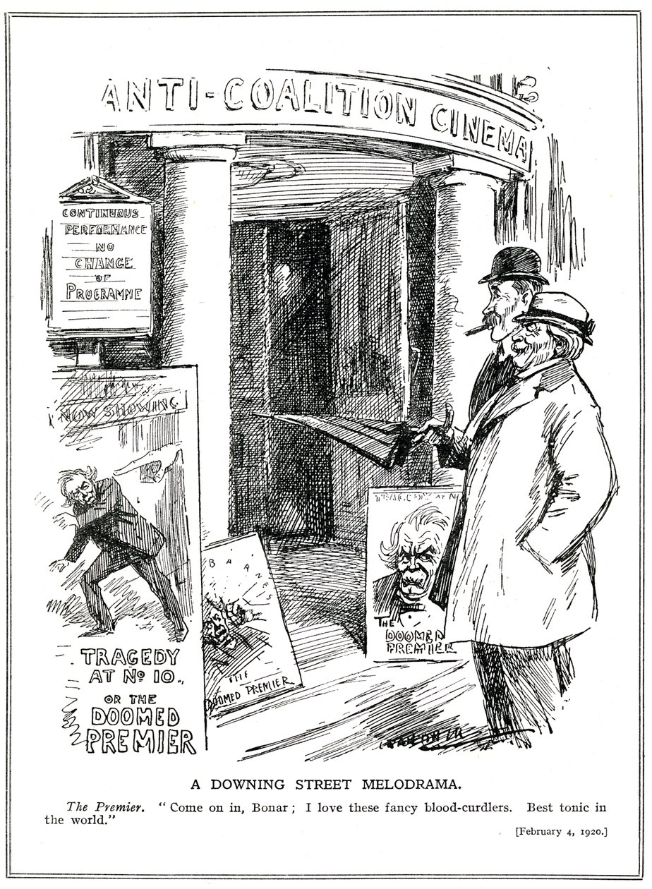 De Liberale Premier, Lloyd George, nodigt zijn Conservatieve Kanselier, Bonar Law, uit om de 