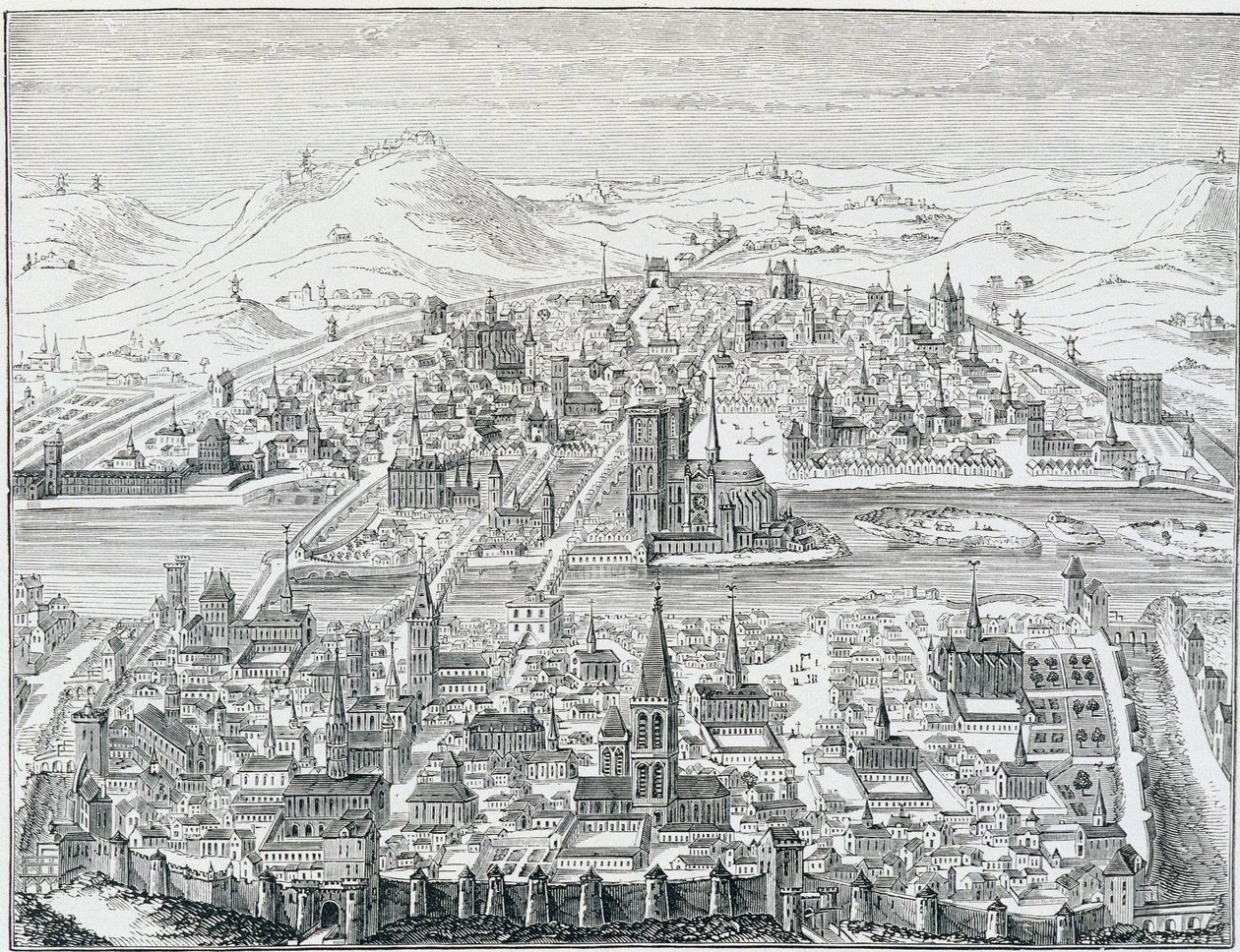 Groot perspectief van Parijs in 1607, gebaseerd op de gravure van Léonard Gaultier door Leonard Gaultier