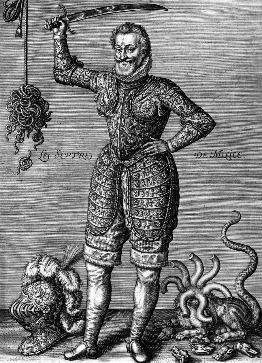 Henri IV (1553-1610) Franse koning in 1589-1610, hier in een harnas, met een zwaard, als een rechtzetter van onrecht, gravure door Leonard Gaultier door Leonard Gaultier