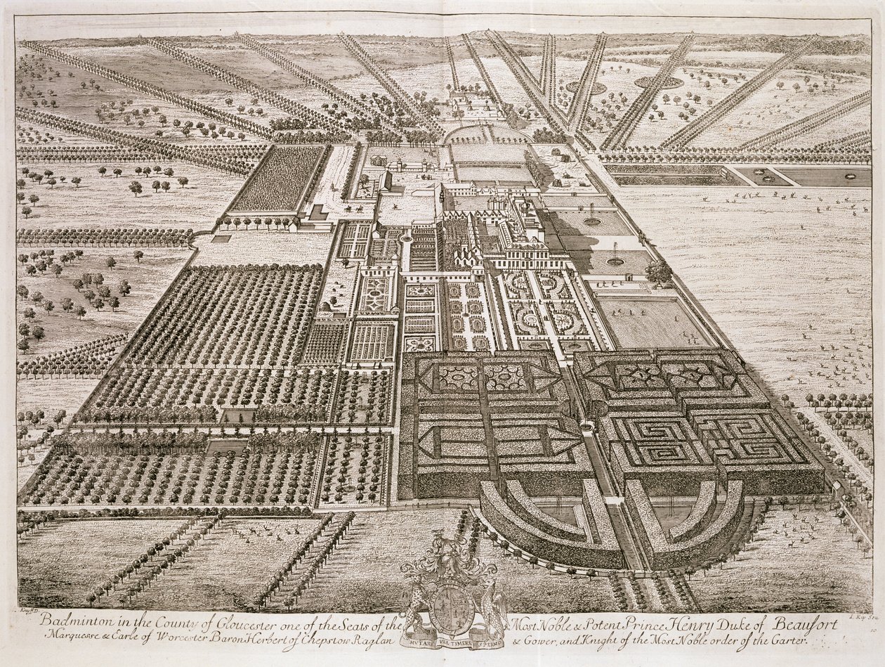 Badminton House in het graafschap Gloucester, gegraveerd door Johannes Kip door Leonard Knyff