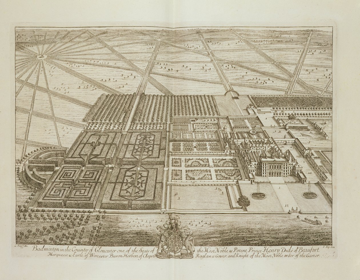 Badminton House in het graafschap Gloucester, gegraveerd door Johannes Kip door Leonard Knyff