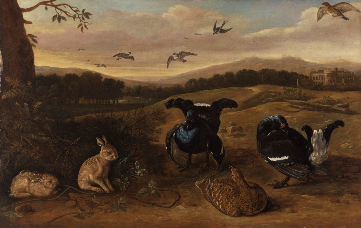 Zwart Wild, Konijnen en Zwaluwen in een Park door Leonard Knyff