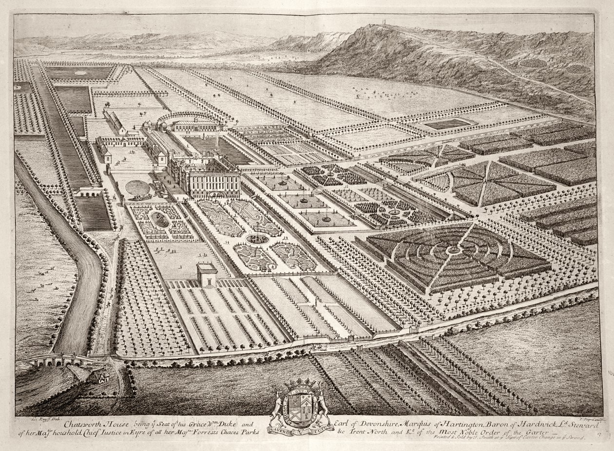 Chatsworth House, zetel van William Cavendish (1640-1707) 1e Hertog van Devonshire, gegraveerd door Johannes Kip door Leonard Knyff