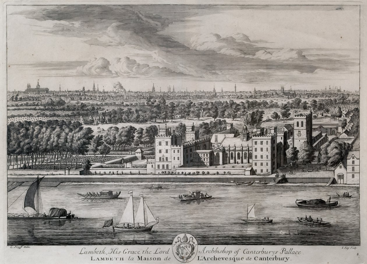 Lambeth, het paleis van Zijne Genade de aartsbisschop van Canterbury, gegraveerd door I. Kip door Leonard Knyff
