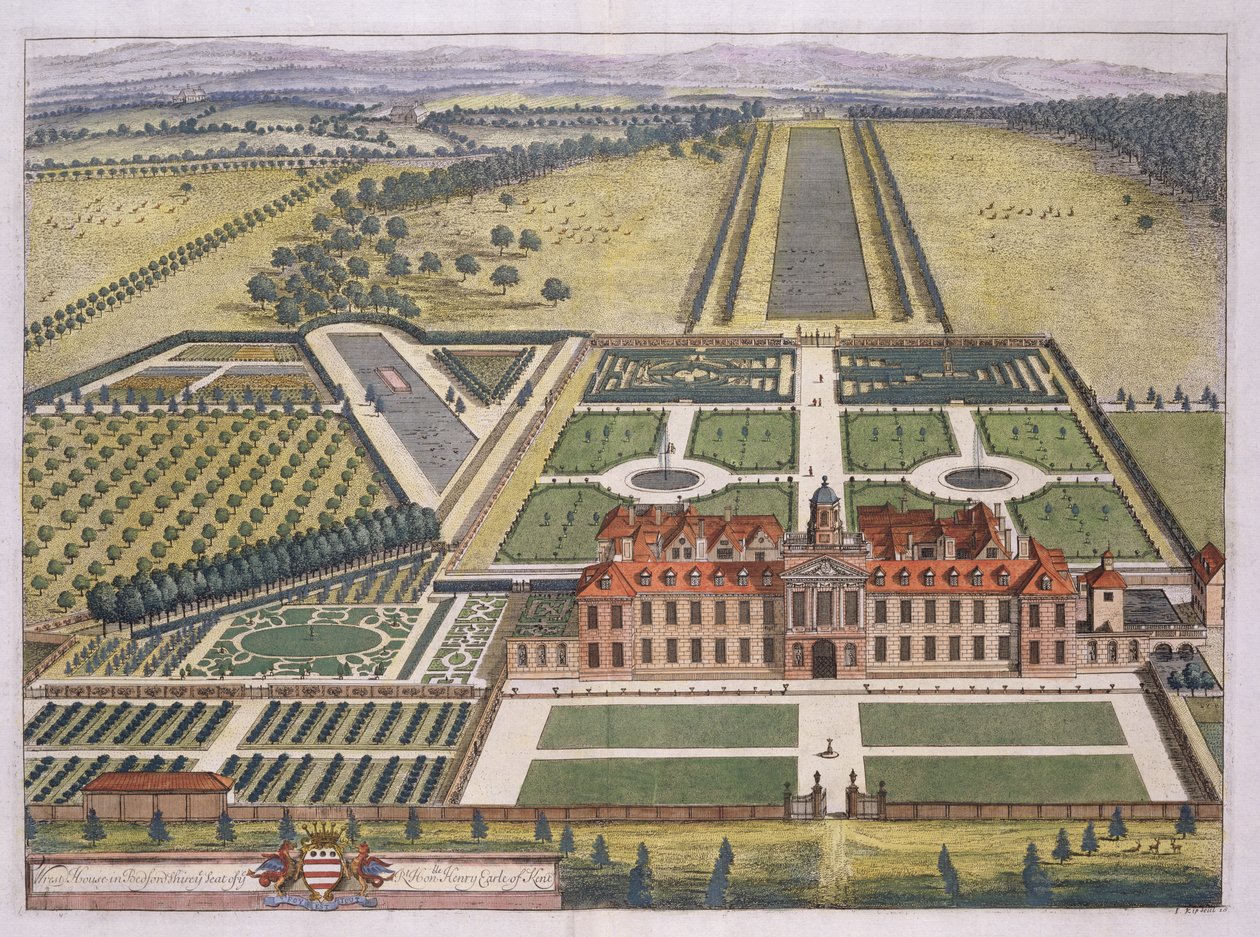 Wrest House in Bedfordshire gegraveerd door Johannes Kip door Leonard Knyff