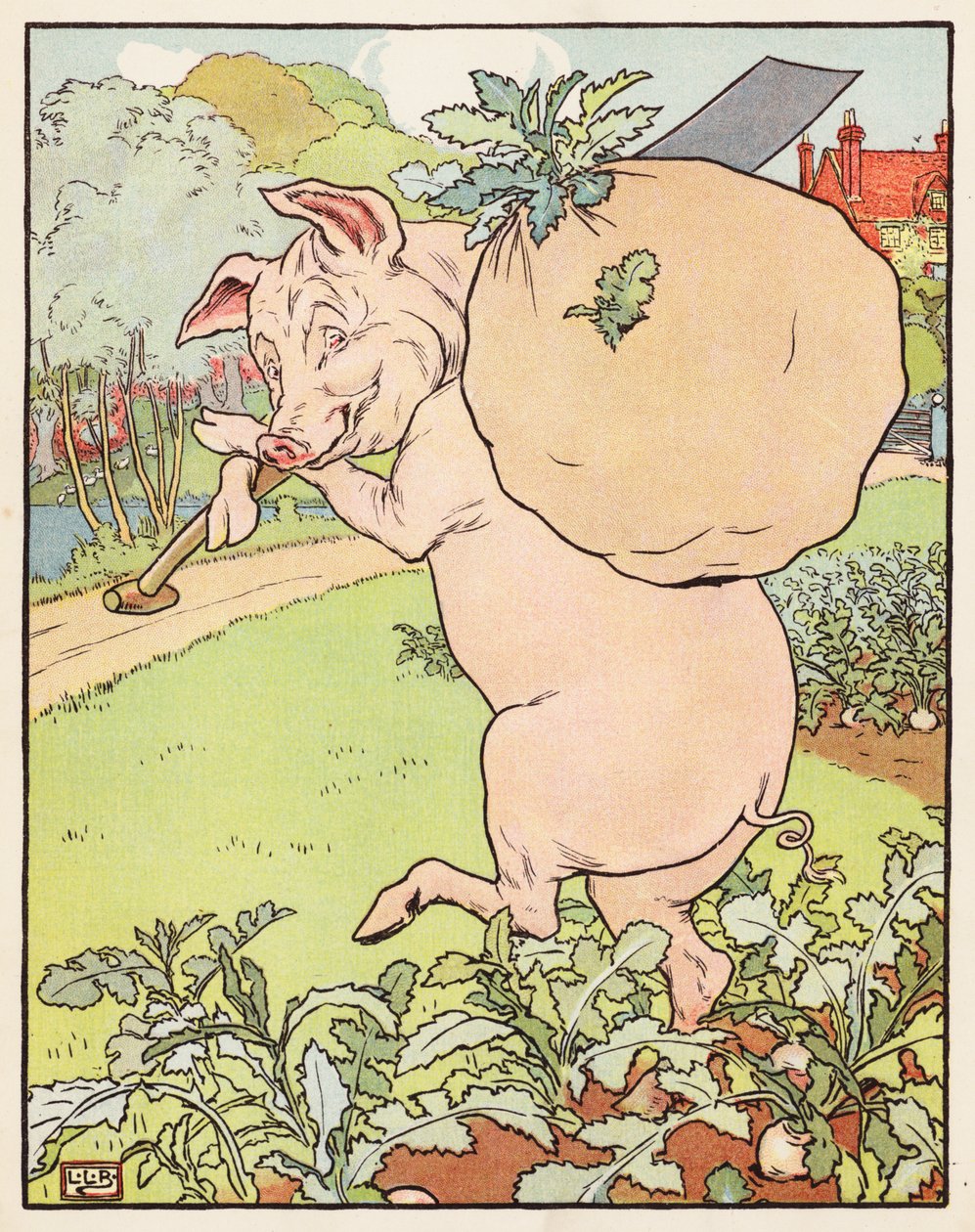 De drie biggetjes (kleurenlitho) door Leonard Leslie Brooke