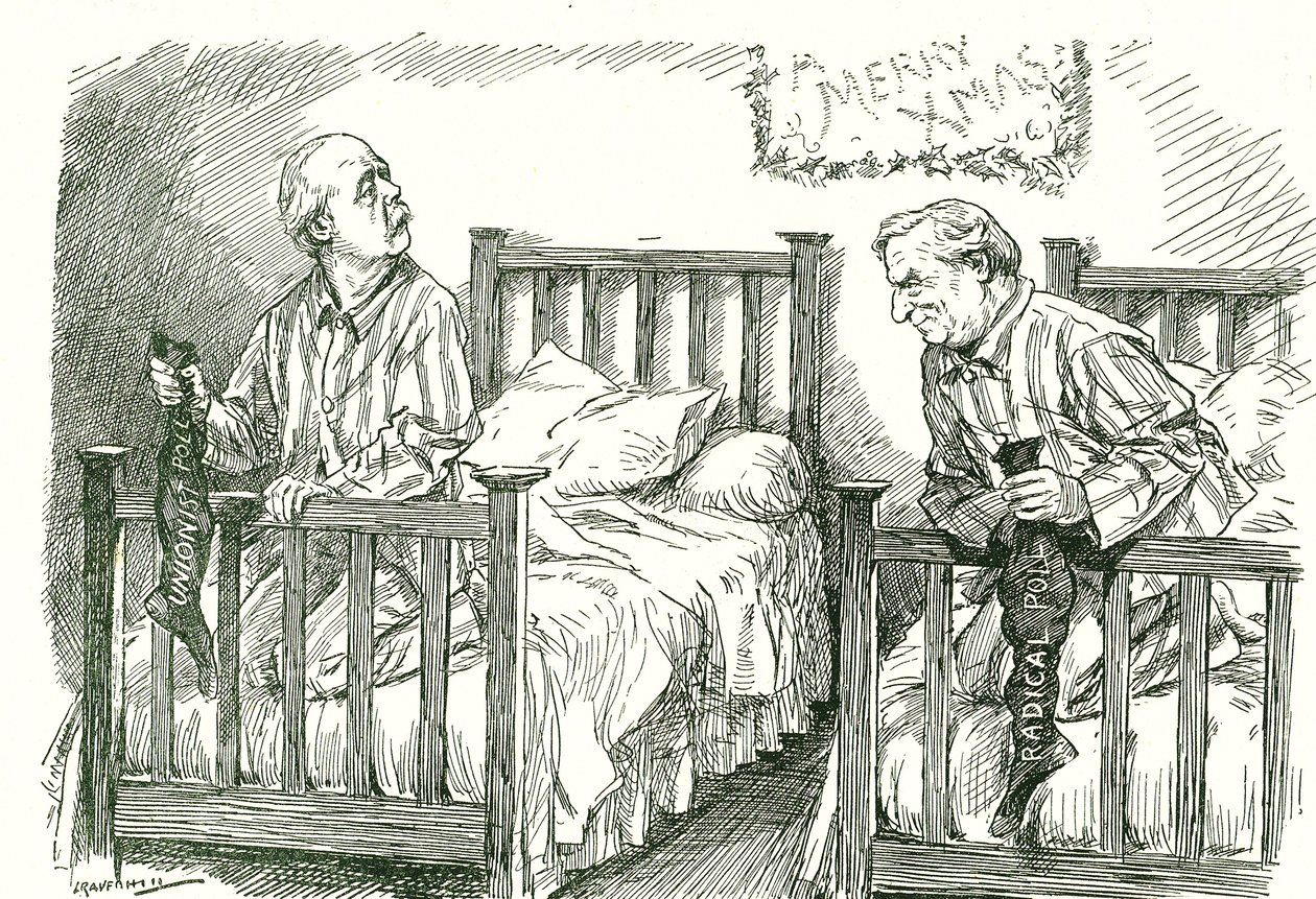 Arthur Balfour, Conservatief, en Herbert Asquith, Liberaal, met hun kerstkousen. In de algemene verkiezingen van december 1910 had geen van beiden een absolute meerderheid. Asquith kon een regering vormen in coalitie met de Ierse Nationale Partij. door Leonard Raven Hill
