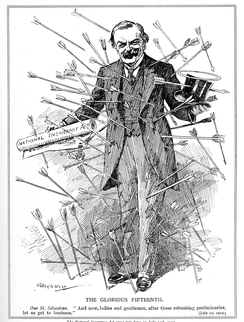 Lloyd George, afgebeeld als de martelaar, St. Sebastian, onder aanval voor zijn National Insurance Act, die in werking trad op 15 juli 1912 door Leonard Raven Hill