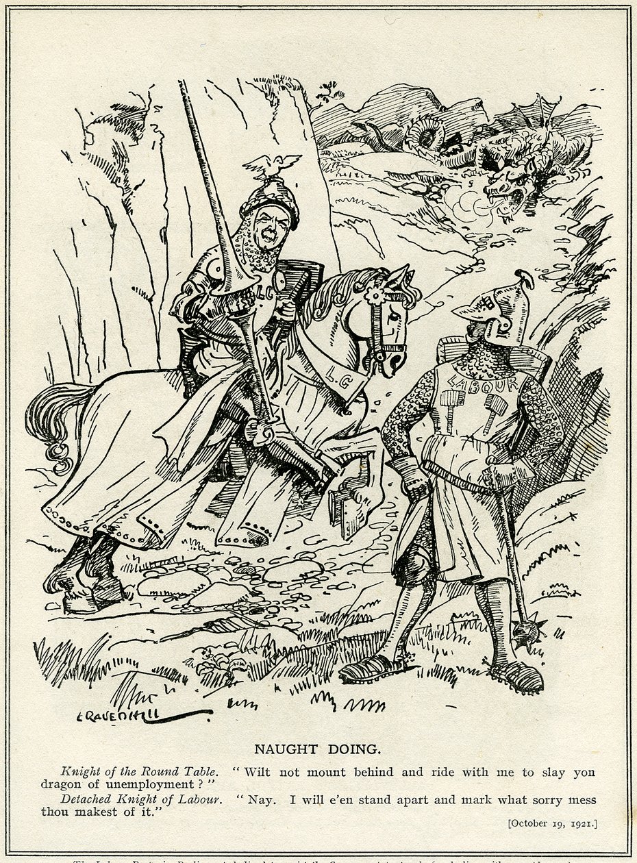 De Labour Party weigert zich bij Lloyd George aan te sluiten om de draak van werkloosheid te verslaan, 1921 door Leonard Raven Hill