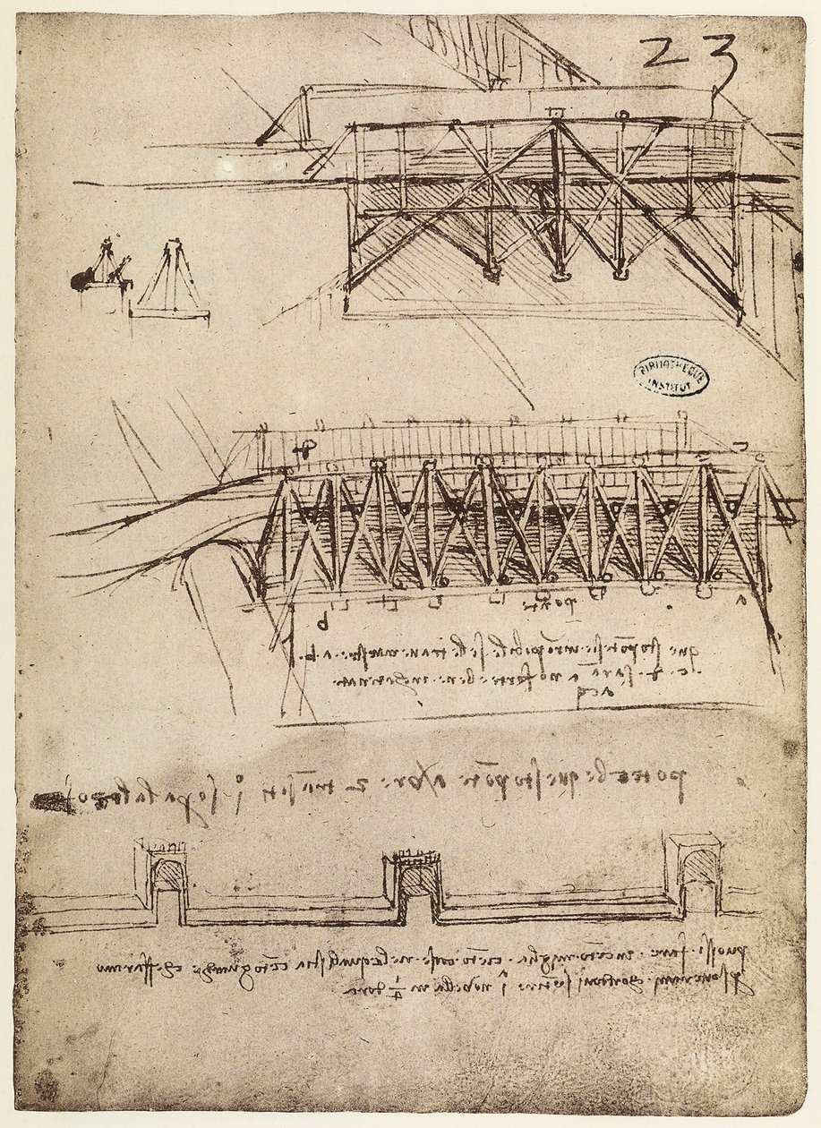 Codex B 2172 f.23r, ontwerpen voor bruggen door Leonardo da Vinci