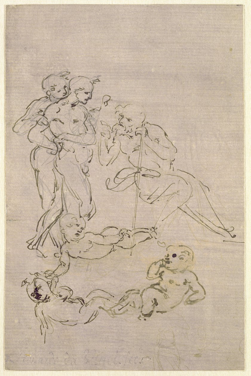 Figurale Studie voor de Aanbidding der Wijzen (Jozef en Twee Herders en Schetsen voor het Christuskind), c.1481 door Leonardo da Vinci