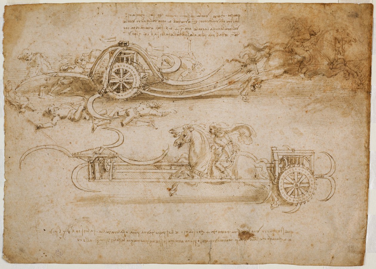 Studies van aanvalstanks met zeisen, c. 1485 door Leonardo da Vinci