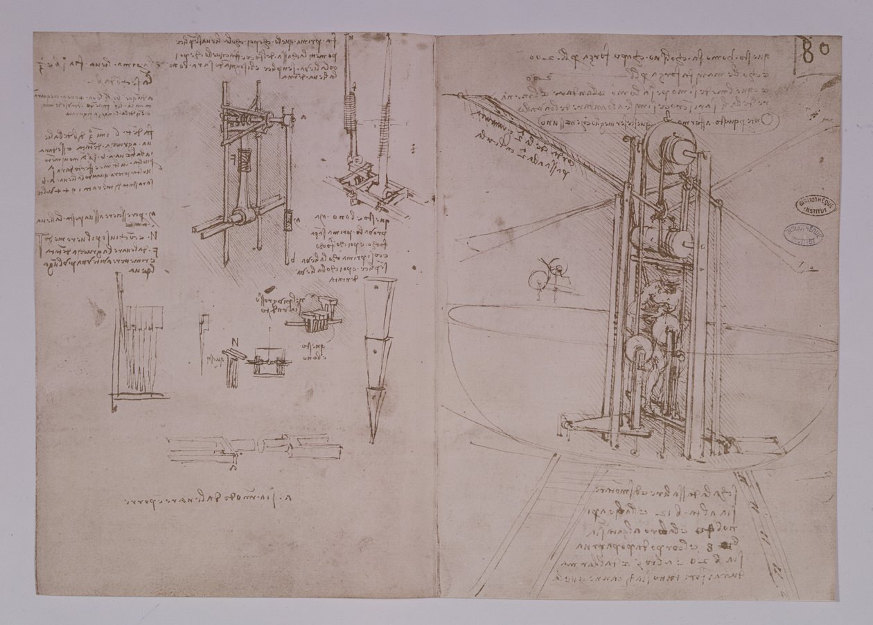 Verticaal Staande Vogelvleugel Vliegmachine, fol. 80r uit Parijs Manuscript B, 1488-90 door Leonardo da Vinci