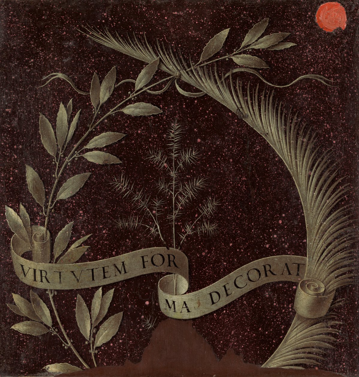 Krans van laurier, palm en jeneverbes met een rol inscriptie Virtutem Forum Decorat (achterkant) door Leonardo da Vinci