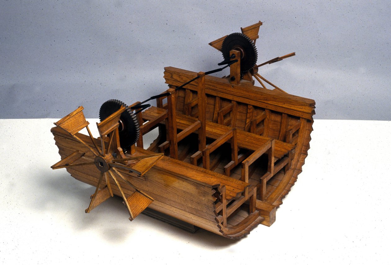 Voortstuwingsboot op wielen. Model naar de tekening van Leonardo da Vinci. Museum voor Wetenschap en Technologie, Milaan. door Leonardo da (after) Vinci