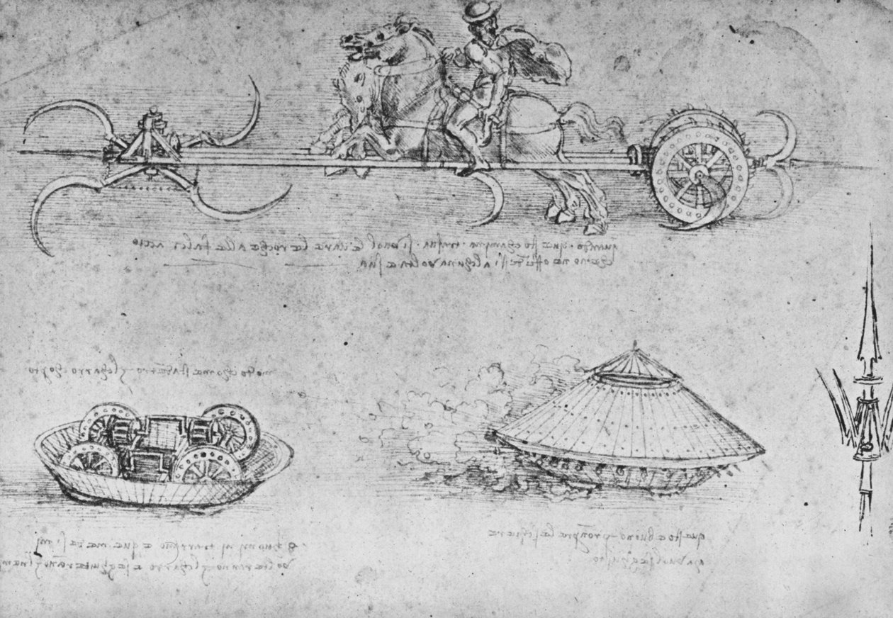 Een Strijdwagen Gewapend met Zeisen, Twee Tekeningen van een Soort Tank en een Partizaan, ca. 1480 1945 door Leonardo da Vinci