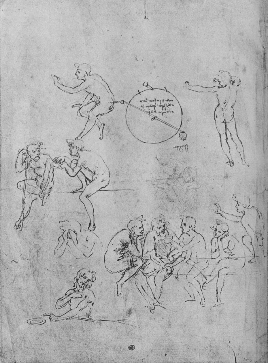 Een groep figuren in gesprek aan een tafel, twee figuren in gesprek en anderen door Leonardo da Vinci