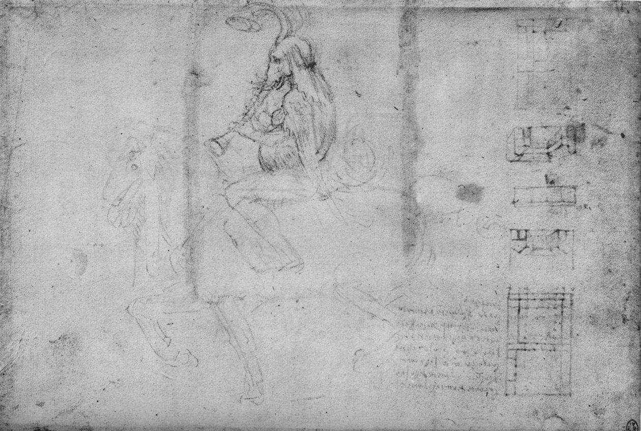 Een Man met het Hoofd van een Olifant te Paard en Architectonische Schetsen, ca. 1480 1945 door Leonardo da Vinci