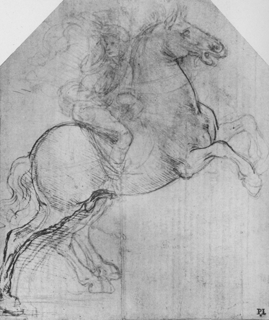 Een ruiter op een steigerend paard, ca. 1480, 1945 door Leonardo da Vinci