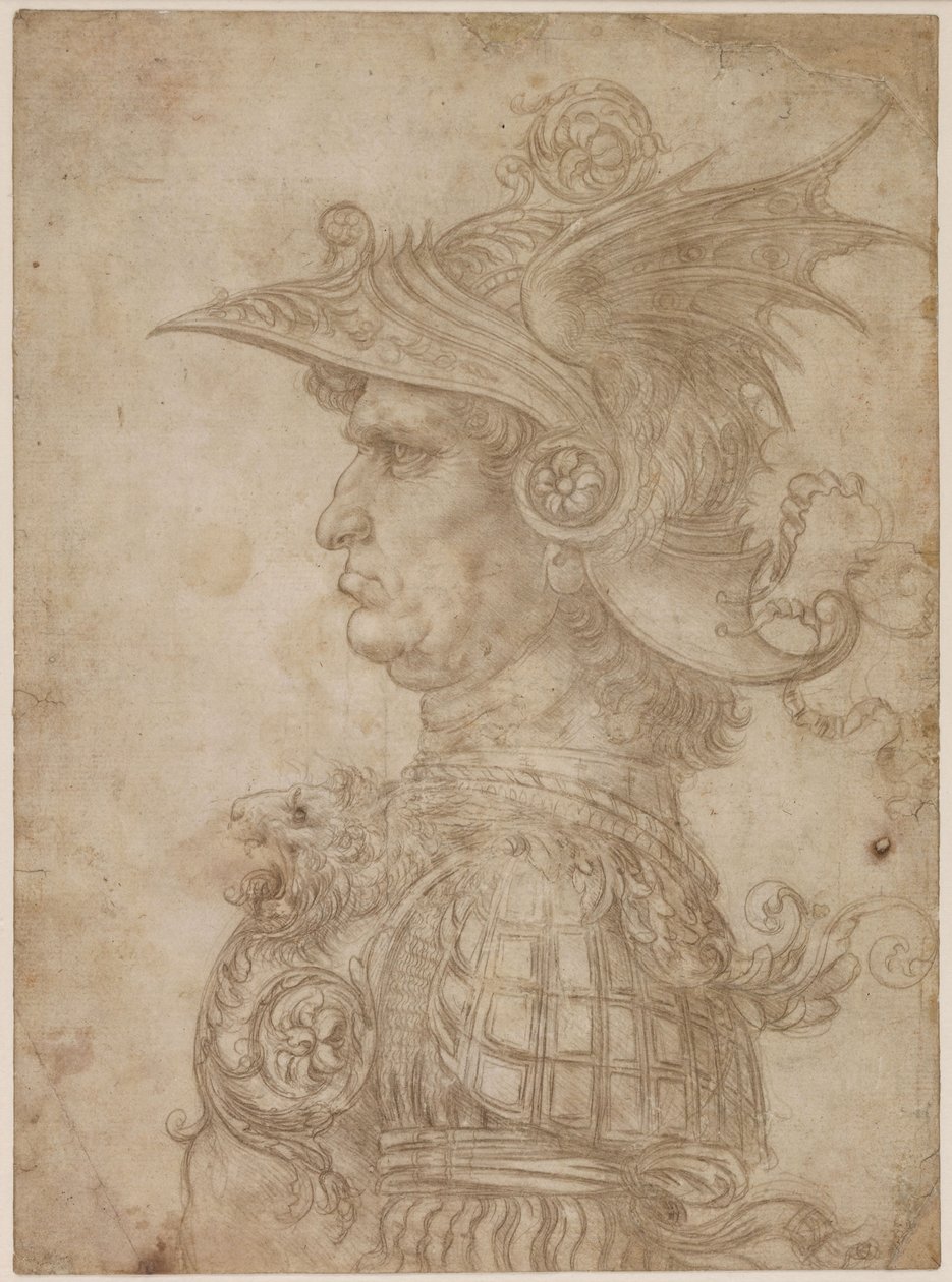 Een buste van een krijger in profiel naar links door Leonardo da Vinci
