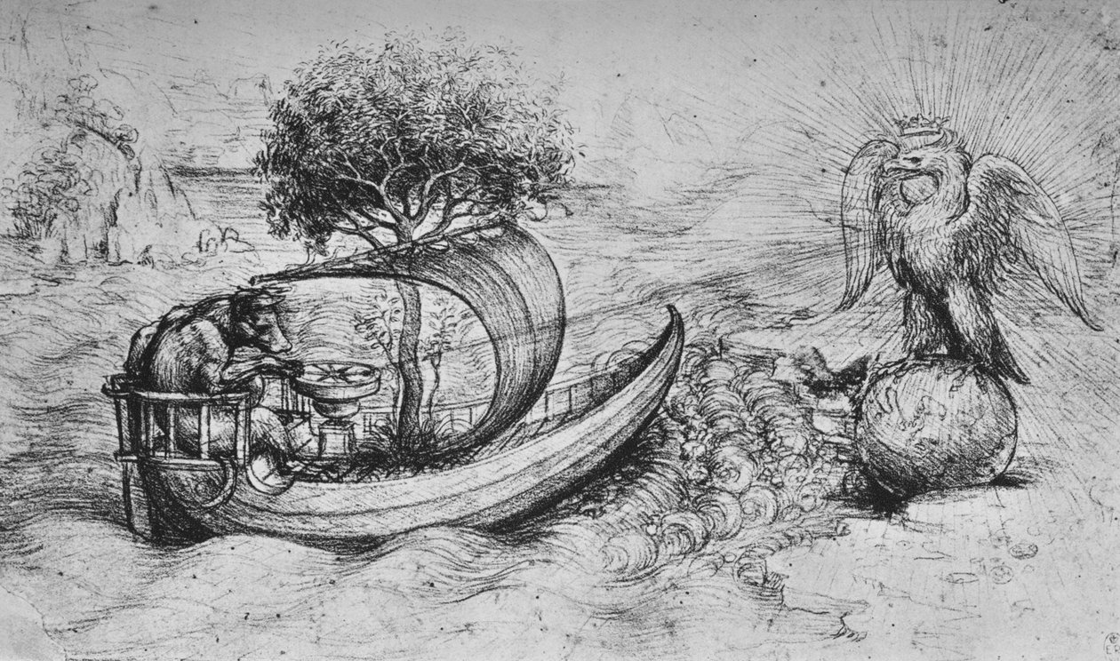 Allegorie: Een Gekroonde Adelaar Staande op een Wereldbol en een Wolf die een Boot Stuurt, c1480 1945 door Leonardo da Vinci