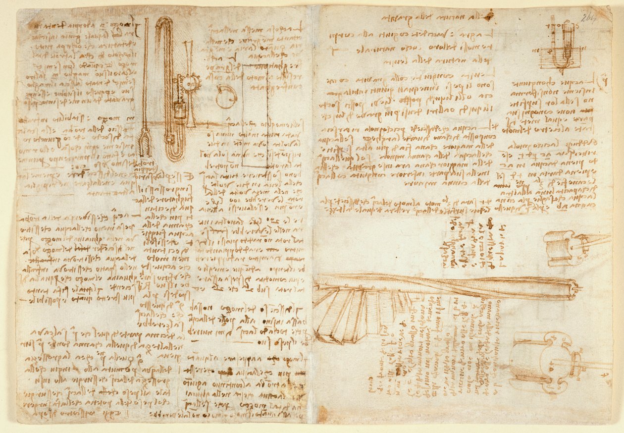Arundel 263 f.269v, f.264 Notities en schets van een hydraulisch apparaat, uit 