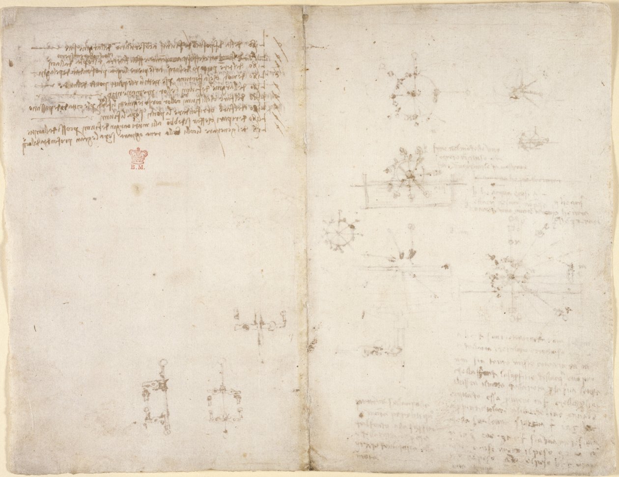 Tekeningen over de mechanische krachten en krachten, percussie, zwaartekracht, beweging, optica en astronomie, met verschillende rekenkundige en geometrische stellingen door Leonardo da Vinci