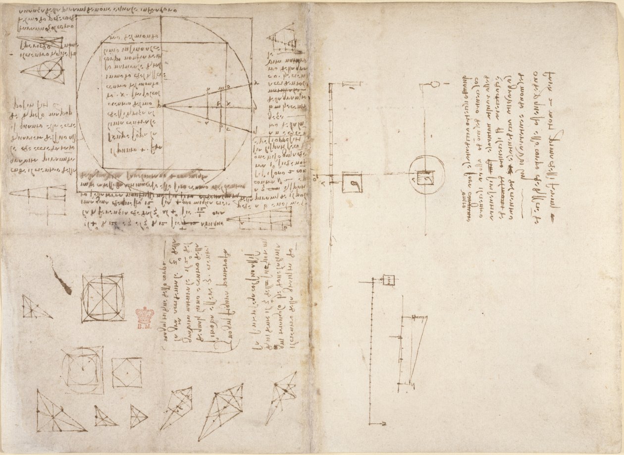 Aantekeningen en diagrammen over mechanica en het zwaartepunt, uit 