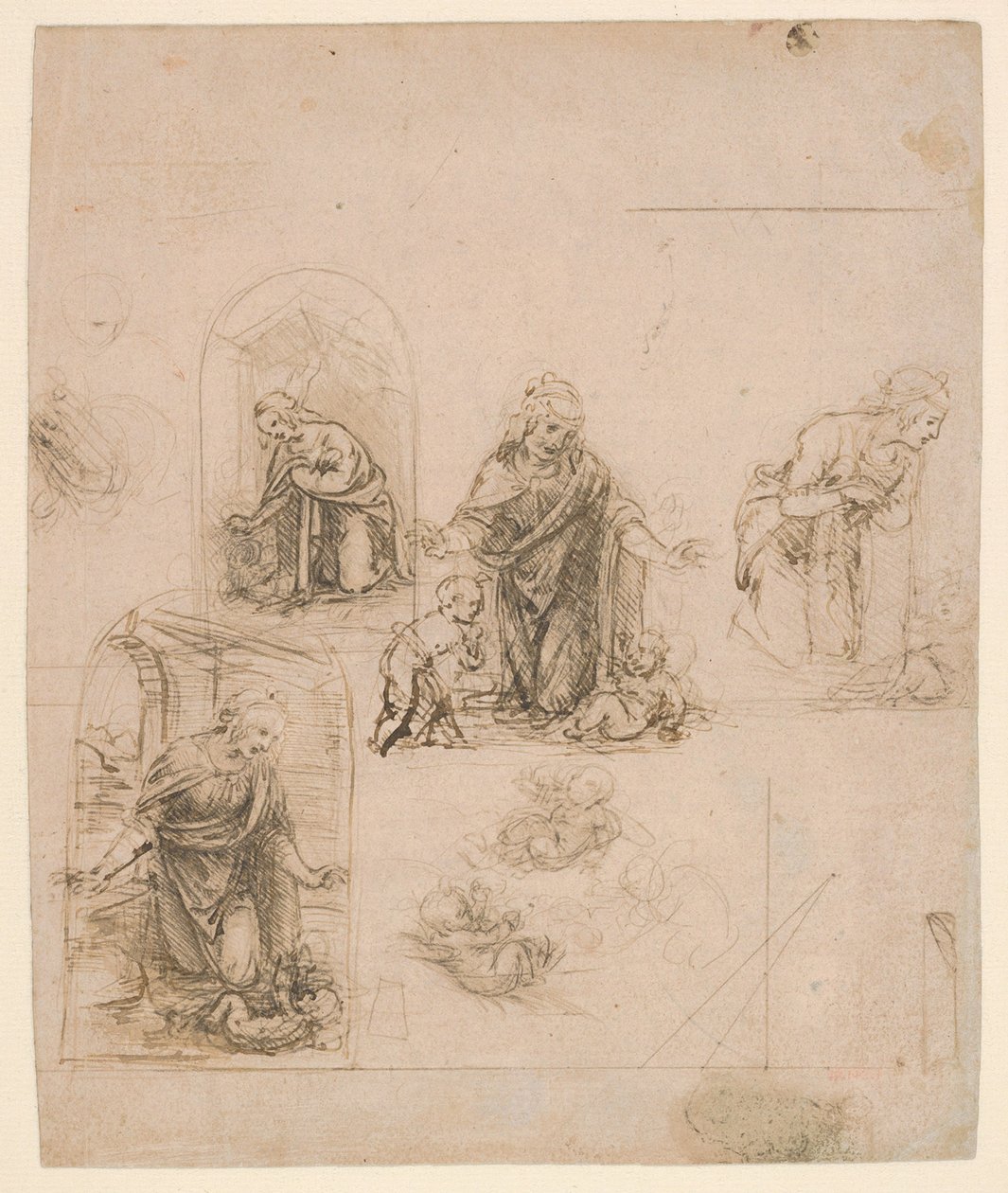 Compositorische Schetsen voor de Maagd die het Christuskind aanbidt, 1480-85 door Leonardo da Vinci