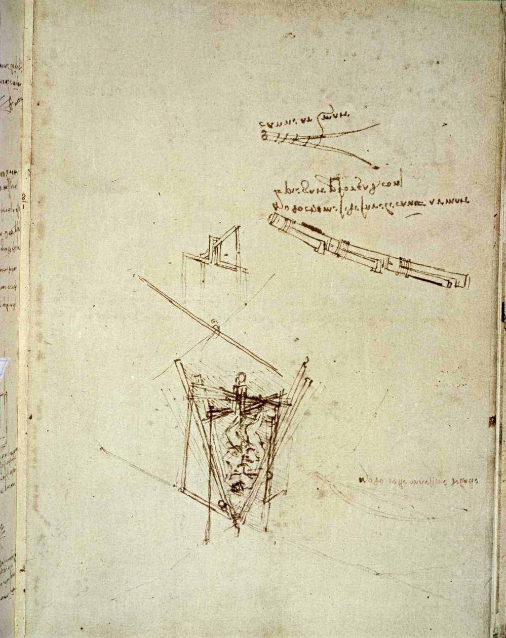 Ontwerp voor een vliegmachine (pen op papier) door Leonardo da Vinci
