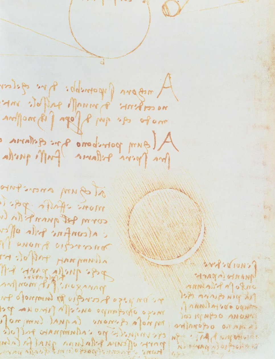 Detail van fol. 2r, uit de Codex Leicester, toont de buitenste helderheid van de maan door Leonardo da Vinci
