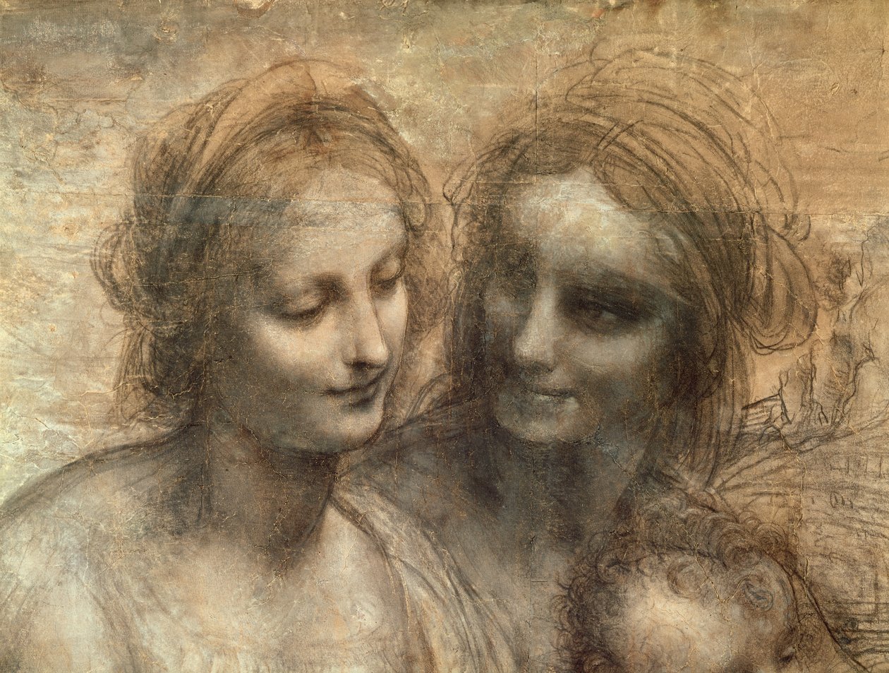 Detail van de hoofden van de Maagd en St. Anna, uit De Maagd en het Kind met SS. Anna en Johannes de Doper, c.1499 (detail) door Leonardo da Vinci