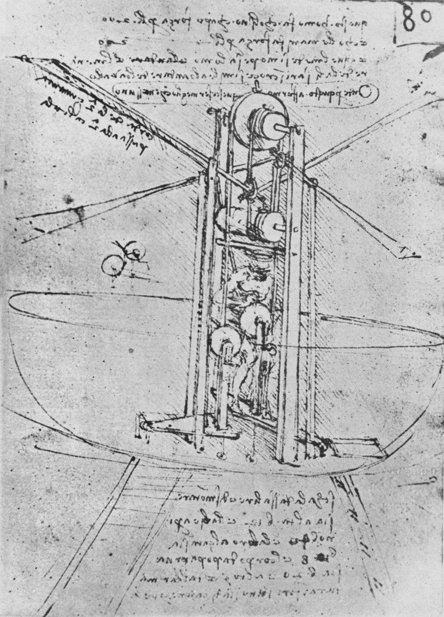 Tekening van een vliegmachine met een man die het bedient, ca. 1480 door Leonardo da Vinci