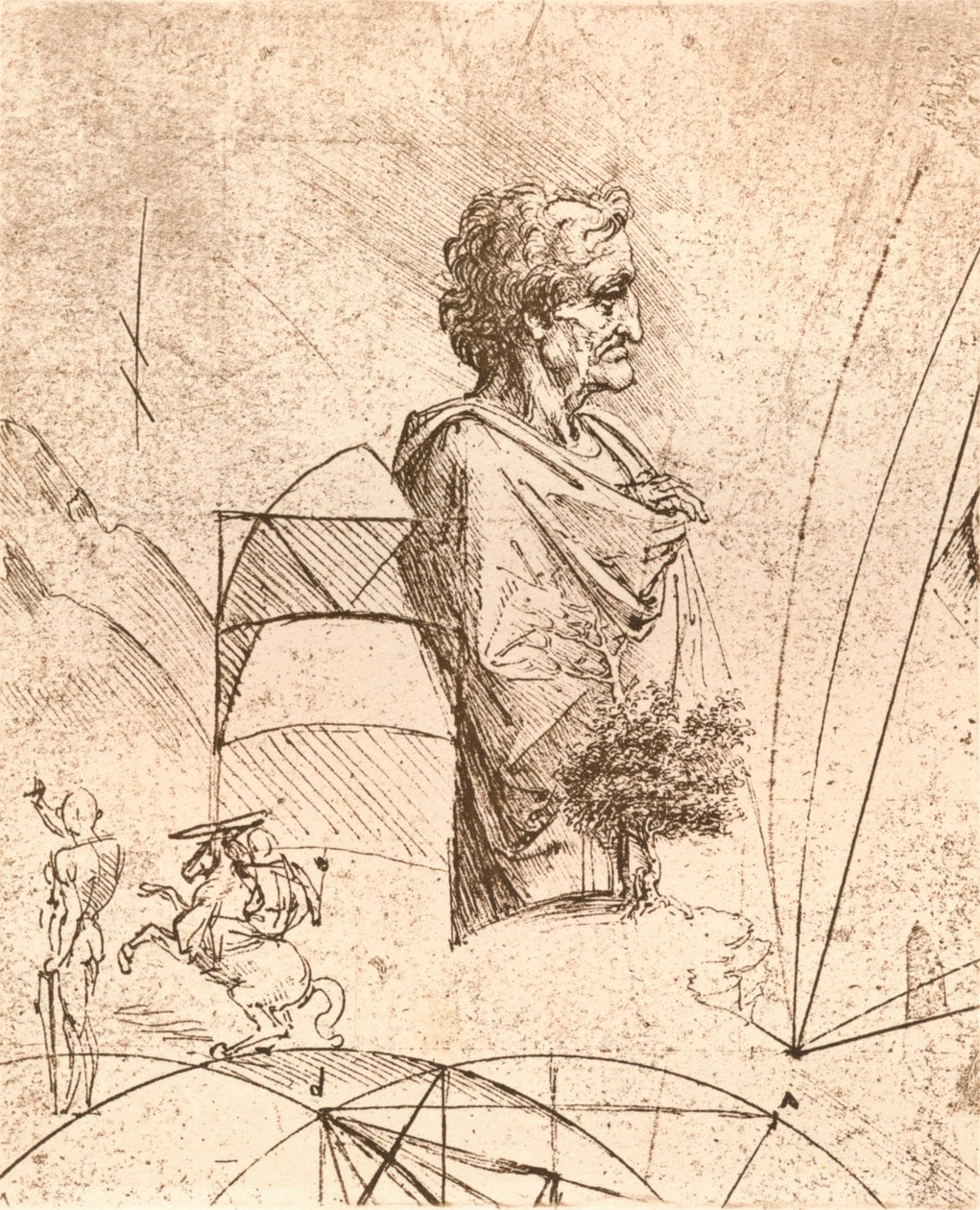 Tekening van een buste en kleine schetsen, c1472-c1519 1883 door Leonardo da Vinci