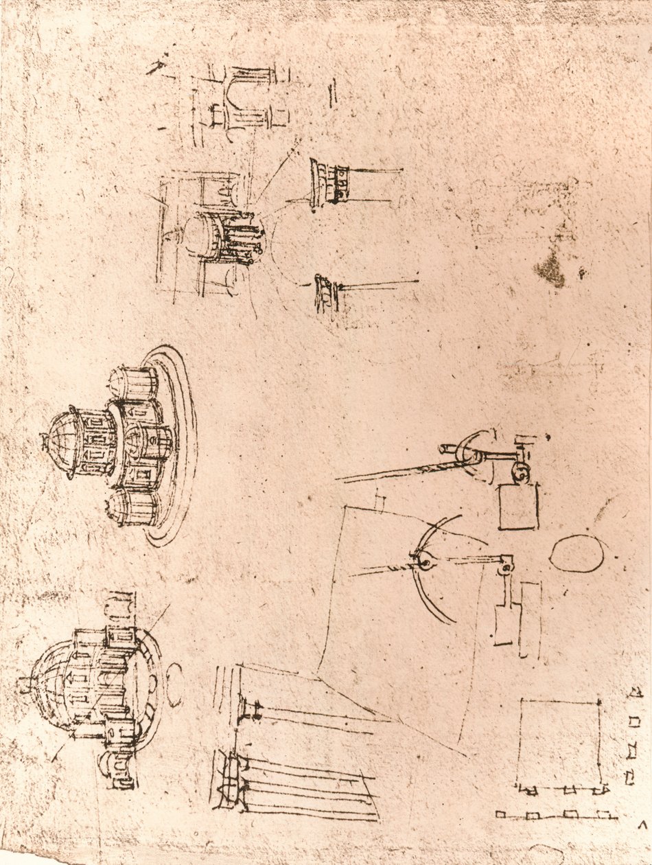 Tekening van kerkelijke architectuur door Leonardo da Vinci