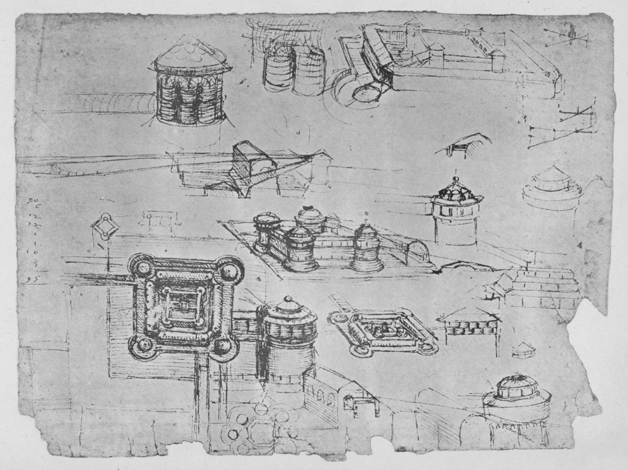 Tekeningen van een Vierkant Kasteel, ca. 1480 door Leonardo da Vinci
