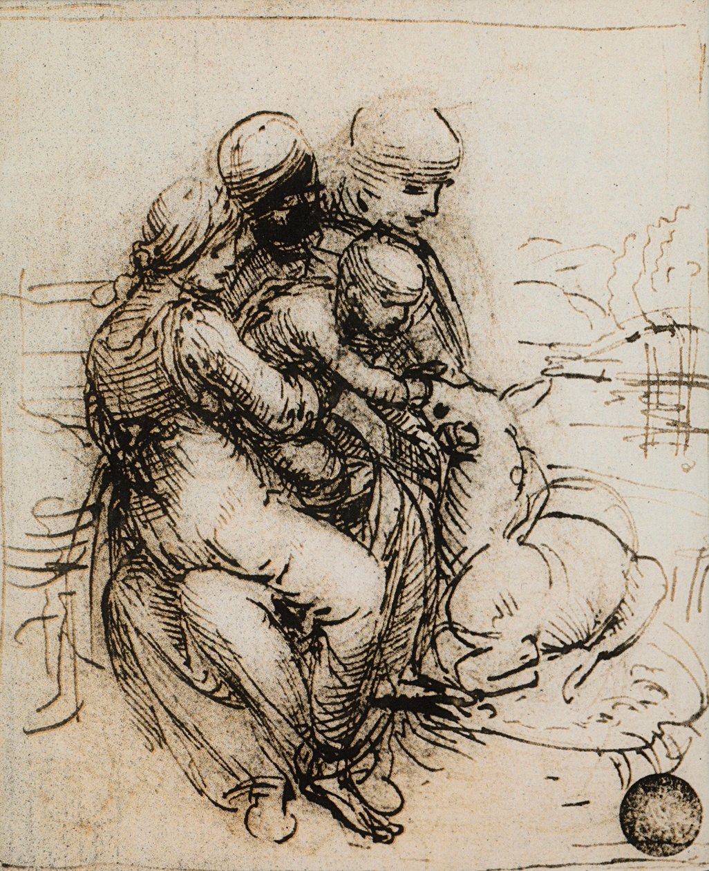 Eerste idee voor de Madonna en Kind en Sint Anna; tekening door Leonardo da Vinci. Gallerie dell