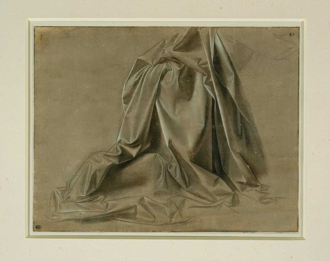 Kledingstudie voor een knielende figuur in verloren profiel door Leonardo da Vinci