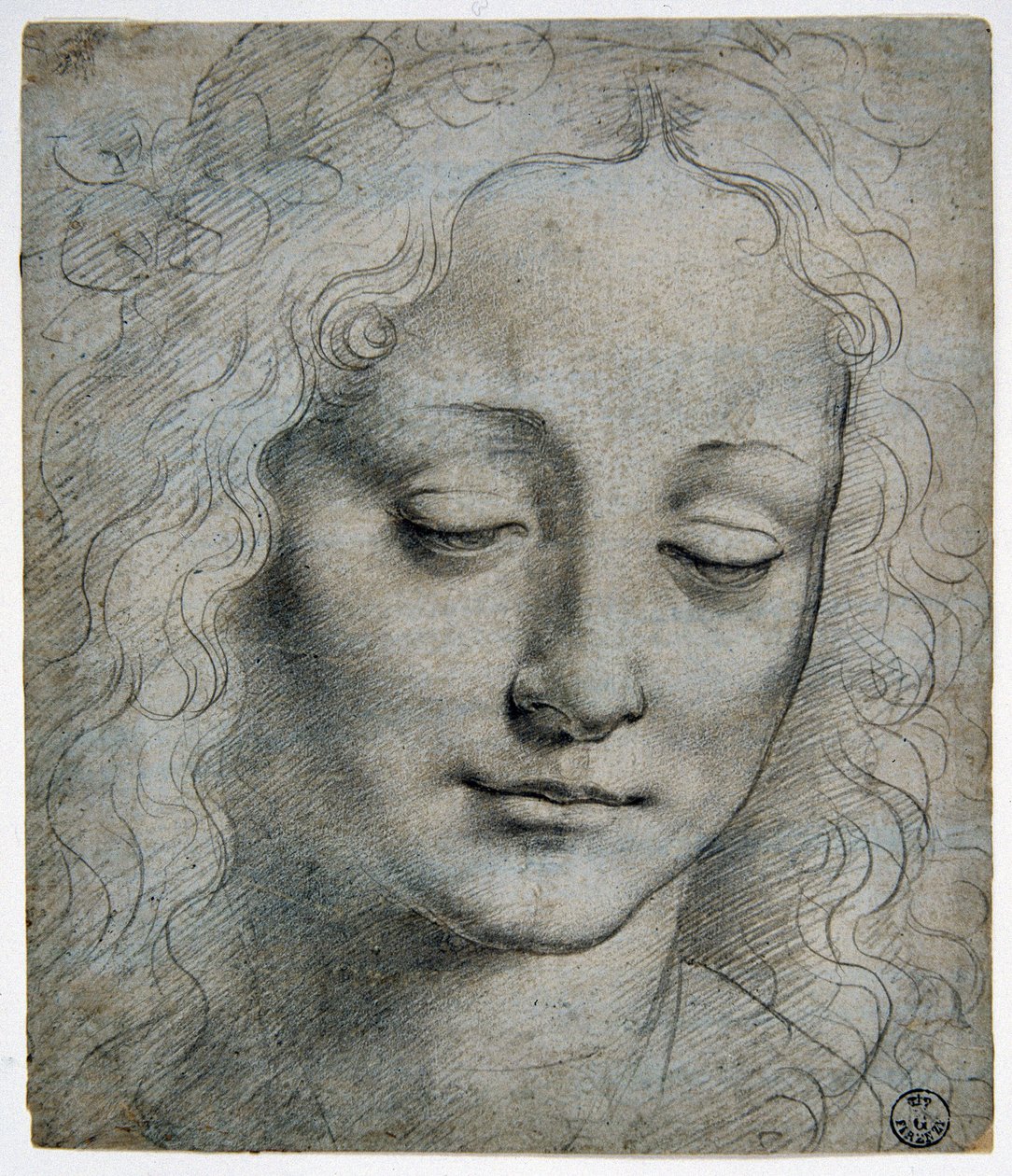 Hoofd van een jongen met een kroon van bladeren in de stijl van Verrocchio door Leonardo da Vinci