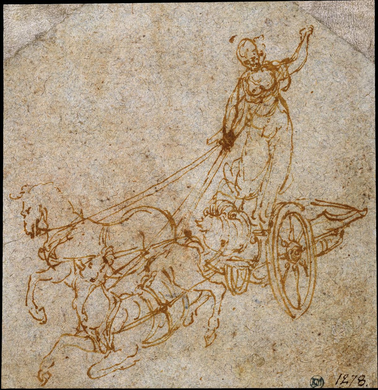 Godin staande in een strijdwagen getrokken door twee paarden, waarvan er één valt door Leonardo da Vinci